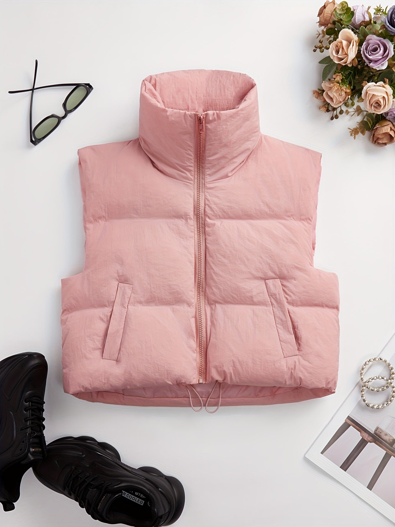 Solid Color Zip-up Sleeveless Puffer Jacket Coat, Casual Long Sleeve Warm Outerwear For Winter, Women's Clothing