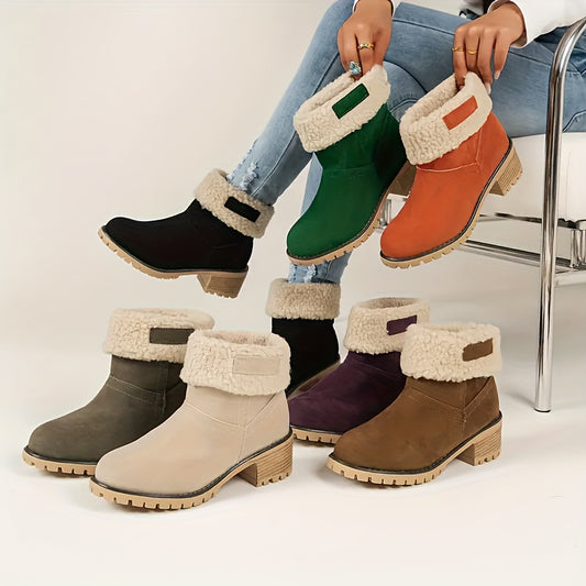 Women's Casual Solid Color Mid Heel Ankle Booties with Faux Fur Trim, Round Toe, Slip-on Platform Boots with TPR Sole - All-Season Winter Footwear from Taizhou - Hand Washable
