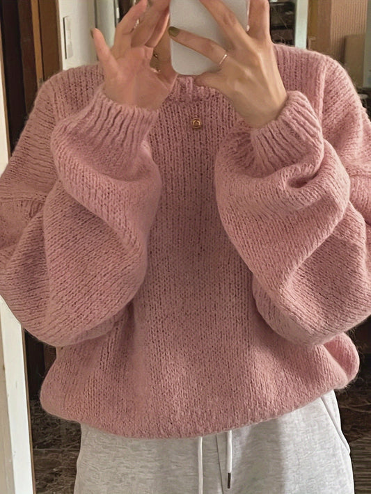 Solid Color Crew Neck Knitted Sweater, Casual Long Sleeve Drop Shoulder Pullover Sweater For Fall & Winter, Women's Clothing