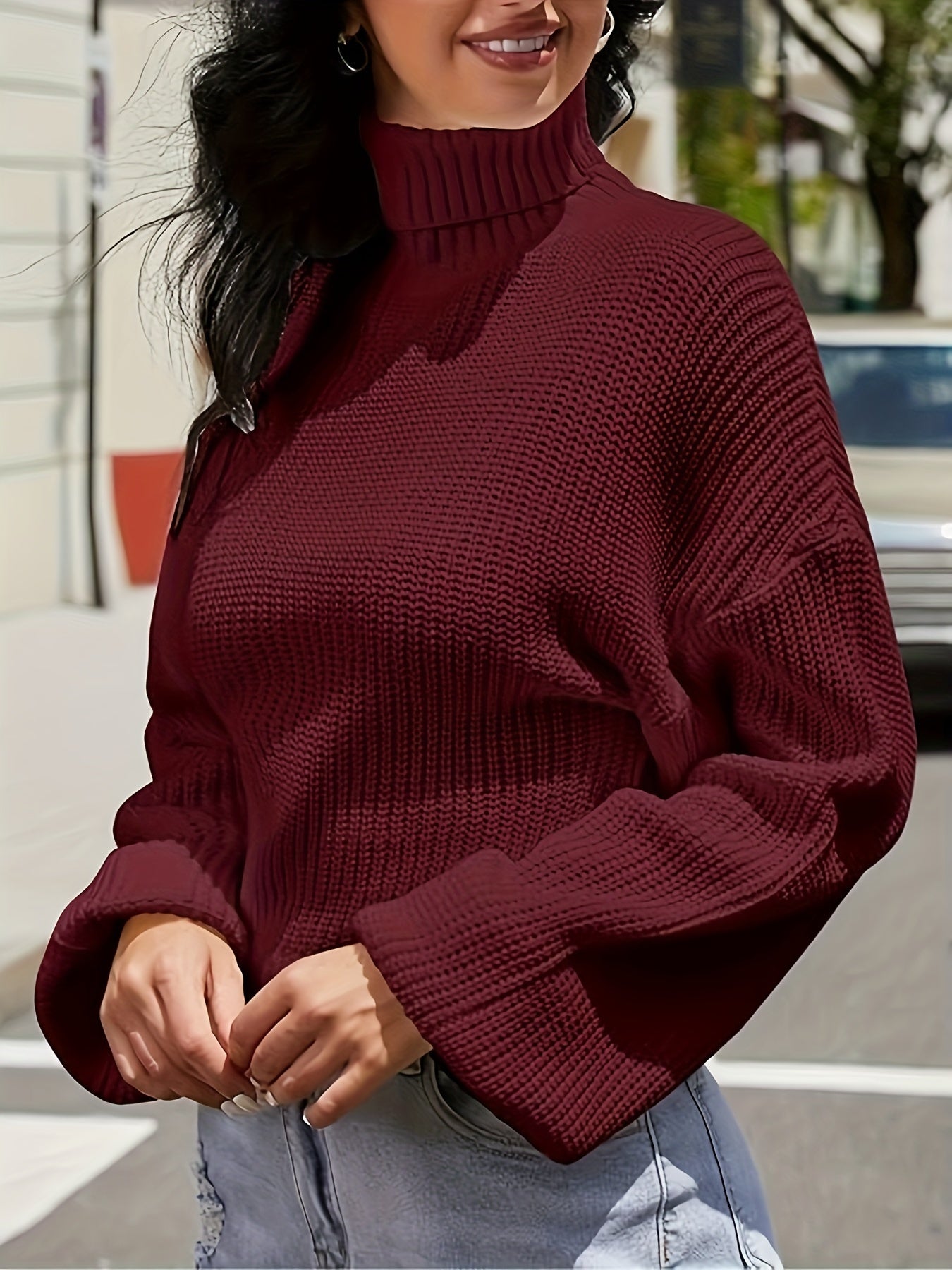Women's Crew Neck Long Sleeve Pullover Crop Sweater Mock Neck Lantern Sleeve Ribbed Knit Jumper Sweater