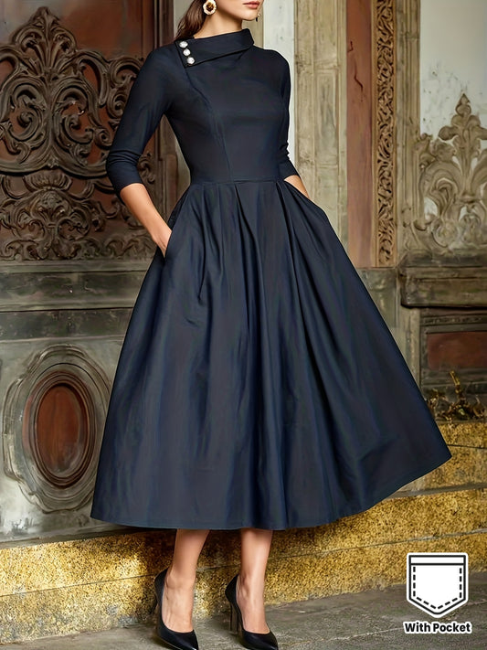 Elegant Long Sleeve A-Line Maxi Dress - -Length Formal Wedding Guest Gown with Collar & Pockets, Solid Black, Machine Washable, Round Neck Vintage-Inspired Dress for Prom, Parties & Year-Round Wear Konno Toki