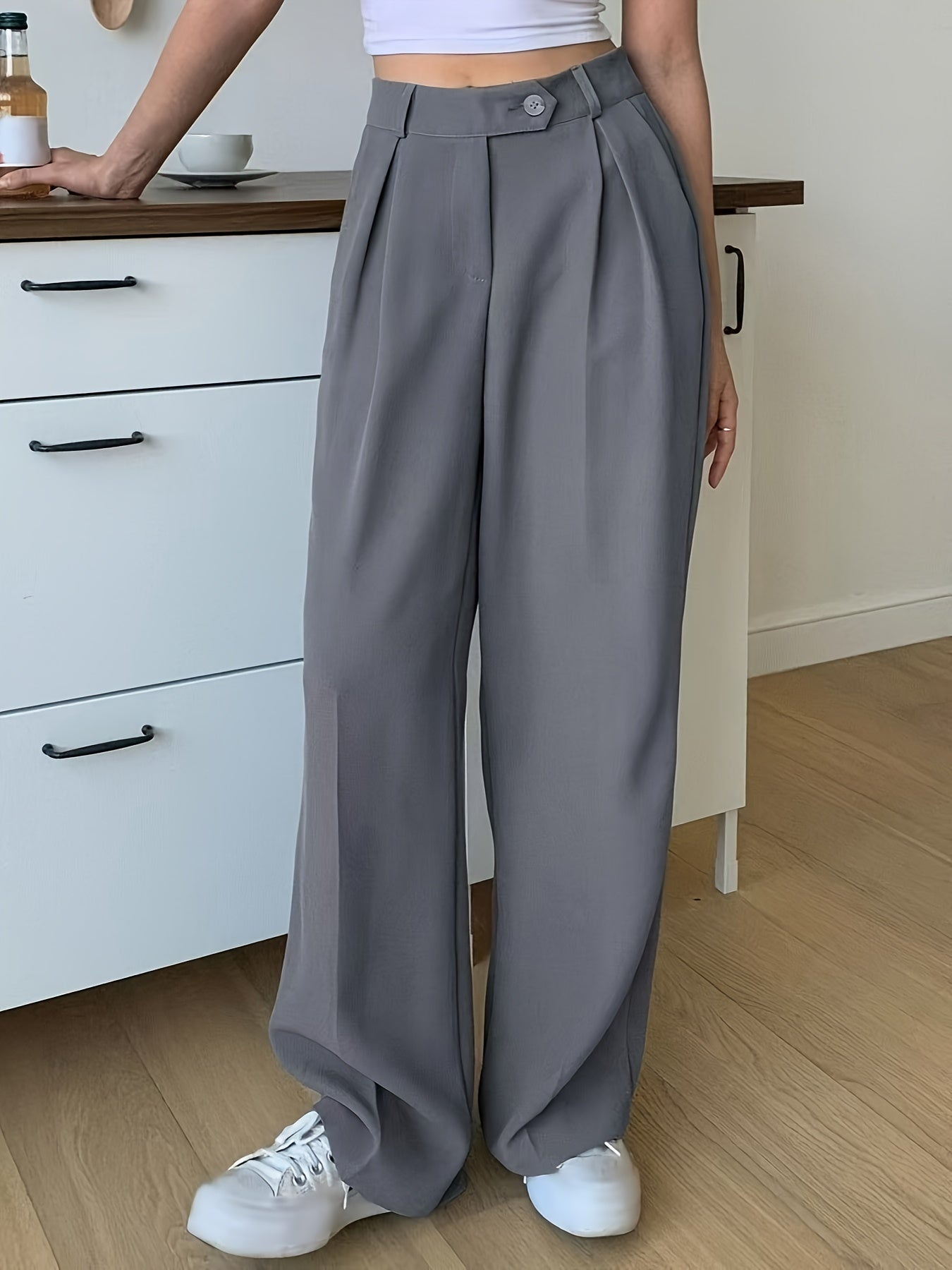 Solid Color Tokyo Straight Leg Pants, Casual High Waist Loose Ruched Pants, Women's Clothing
