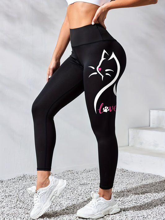 Women's Cute Cat Print Yoga Pants, Stretchy High-Waist Casual Leggings, Breathable