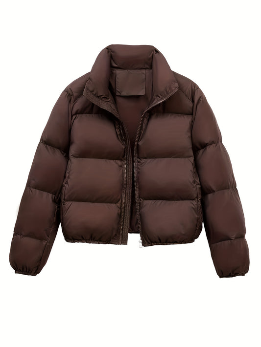 Women's Outer Solid Color Padded Puffer Jacket With Stand Collar, Comfortable, Fashionable, Elegant, Suitable For Autumn And Winter Wear