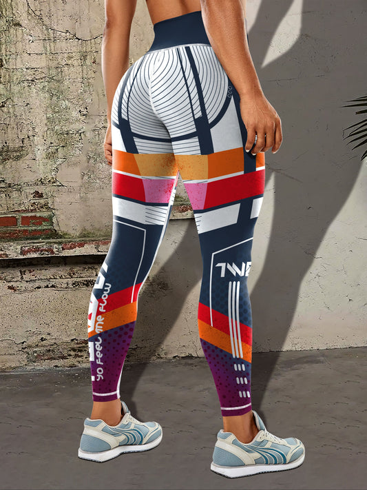 Women's Color Block Printed High-Waisted Tummy Control Leggings for Workout, Running, Yoga