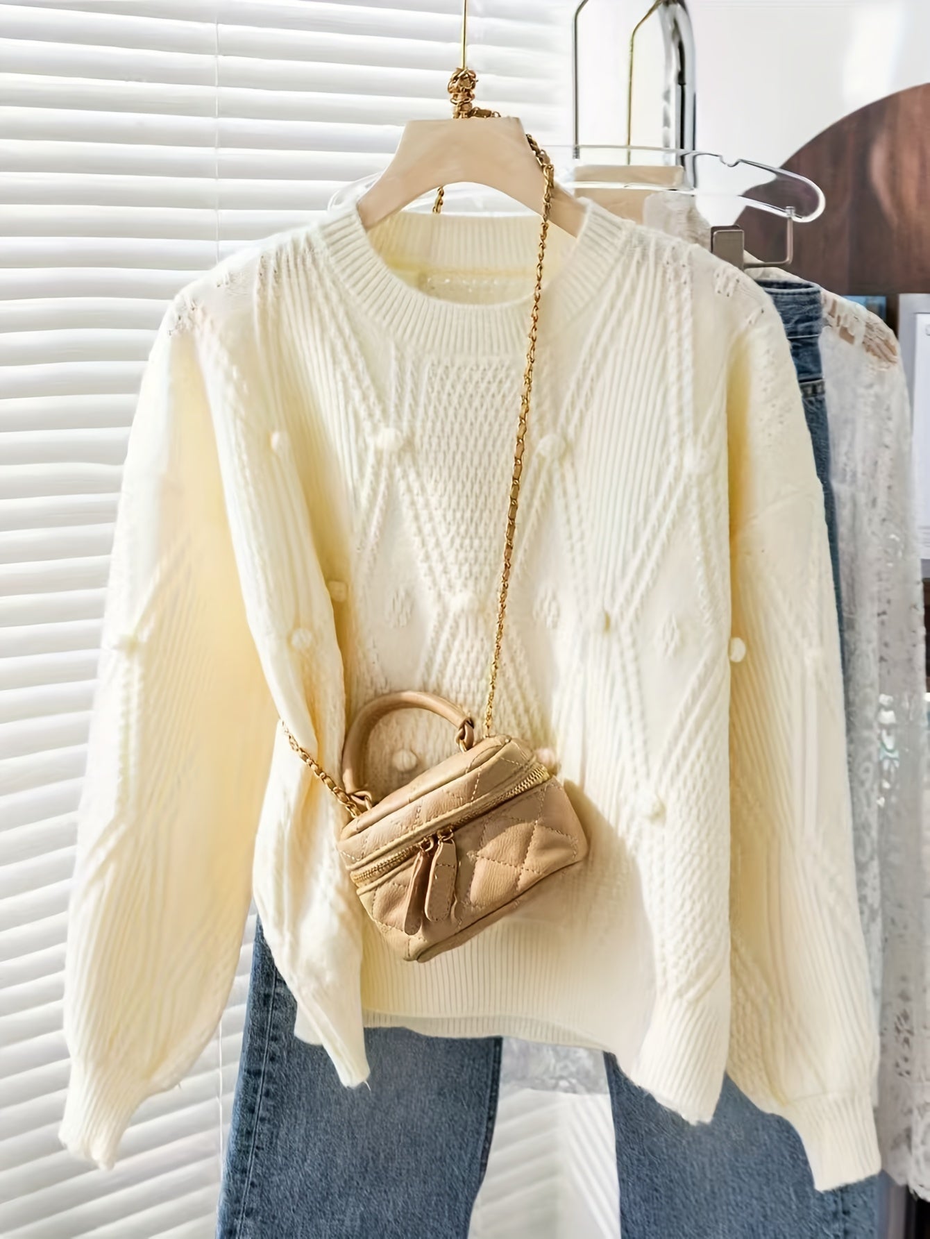 Vintage Chic Pom-Pom Sweater - Soft, Cozy, Lux, Long Sleeve Crew Neck Pullover for Fall/Winter Fashion with Elegant Design and Warmth