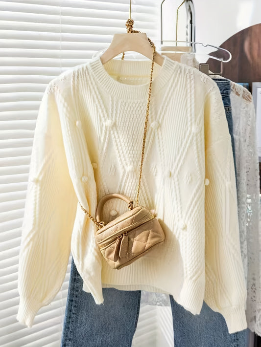 Vintage Chic Pom-Pom Sweater - Soft, Cozy, Lux, Long Sleeve Crew Neck Pullover for Fall/Winter Fashion with Elegant Design and Warmth