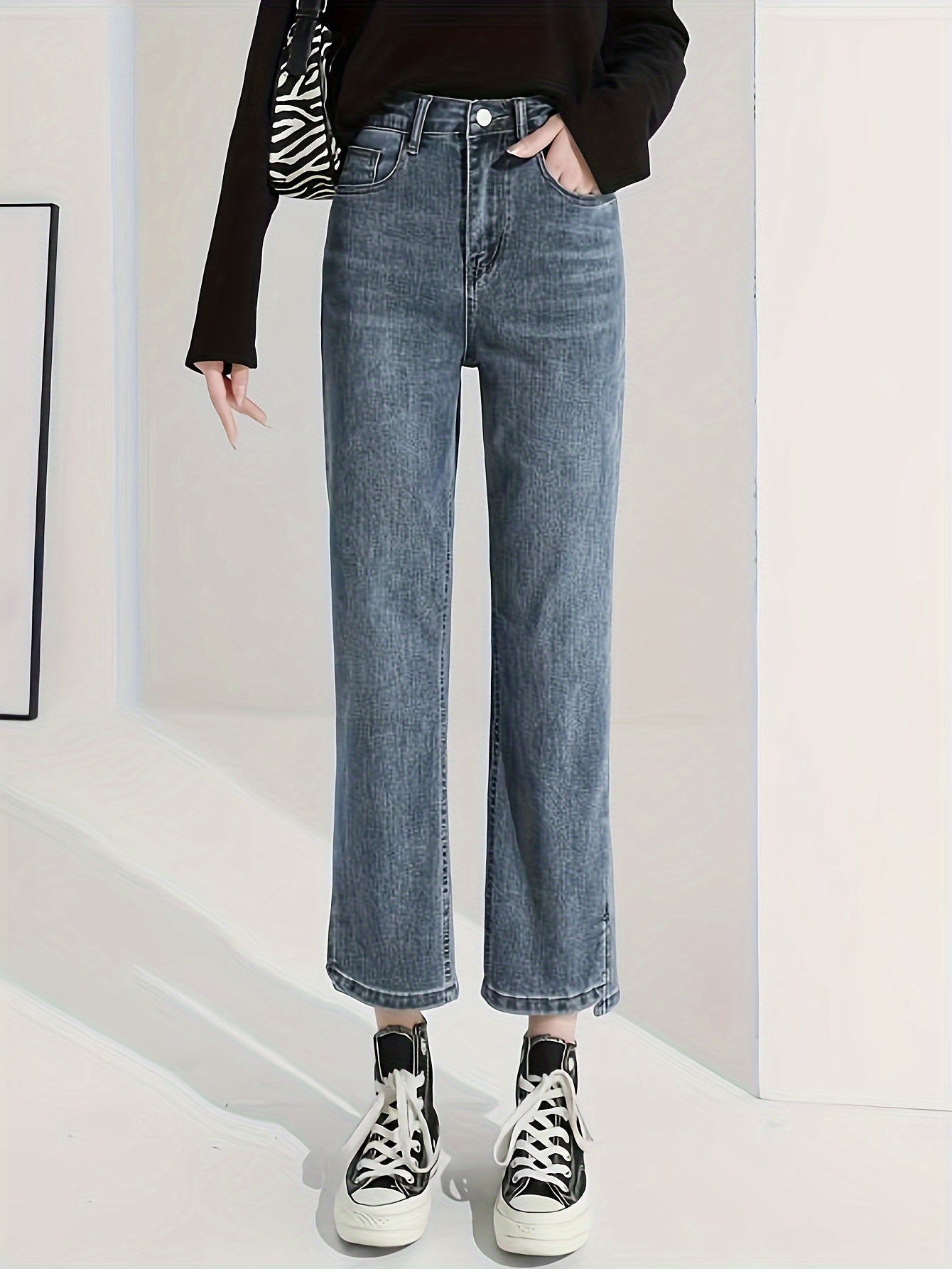 Women's High Waisted Straight Leg Jeans - Slight Stretch Denim with Split Hem Detail, Solid Color, Cropped Length, Comfort Cotton Blend Fabric (75.8% Cotton, 23.6% Polyester, 0.6% Elastane), All-Season Basics