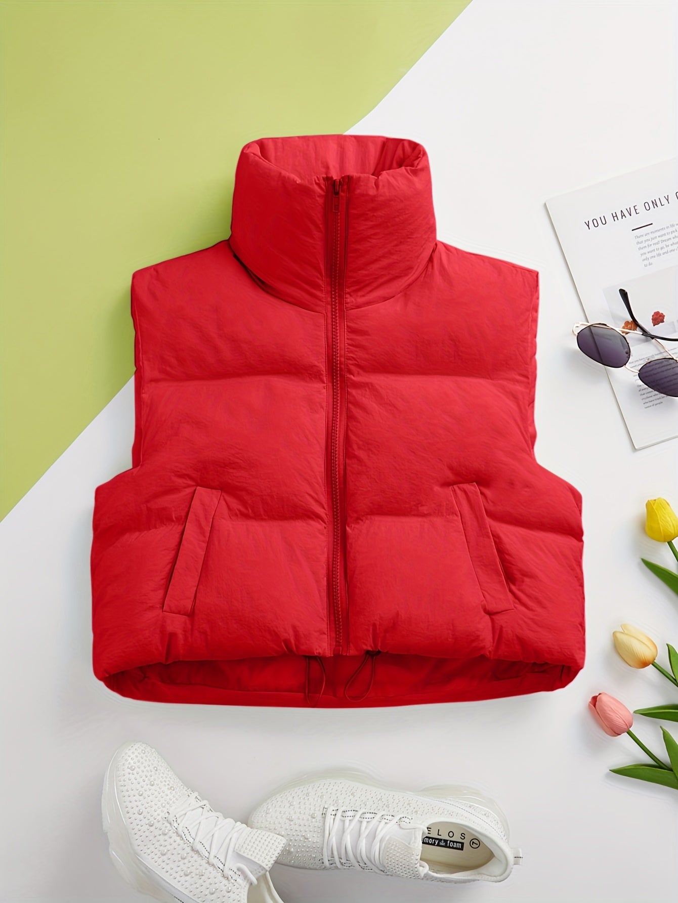 Solid Color Zip-up Sleeveless Puffer Jacket Coat, Casual Long Sleeve Warm Outerwear For Winter, Women's Clothing