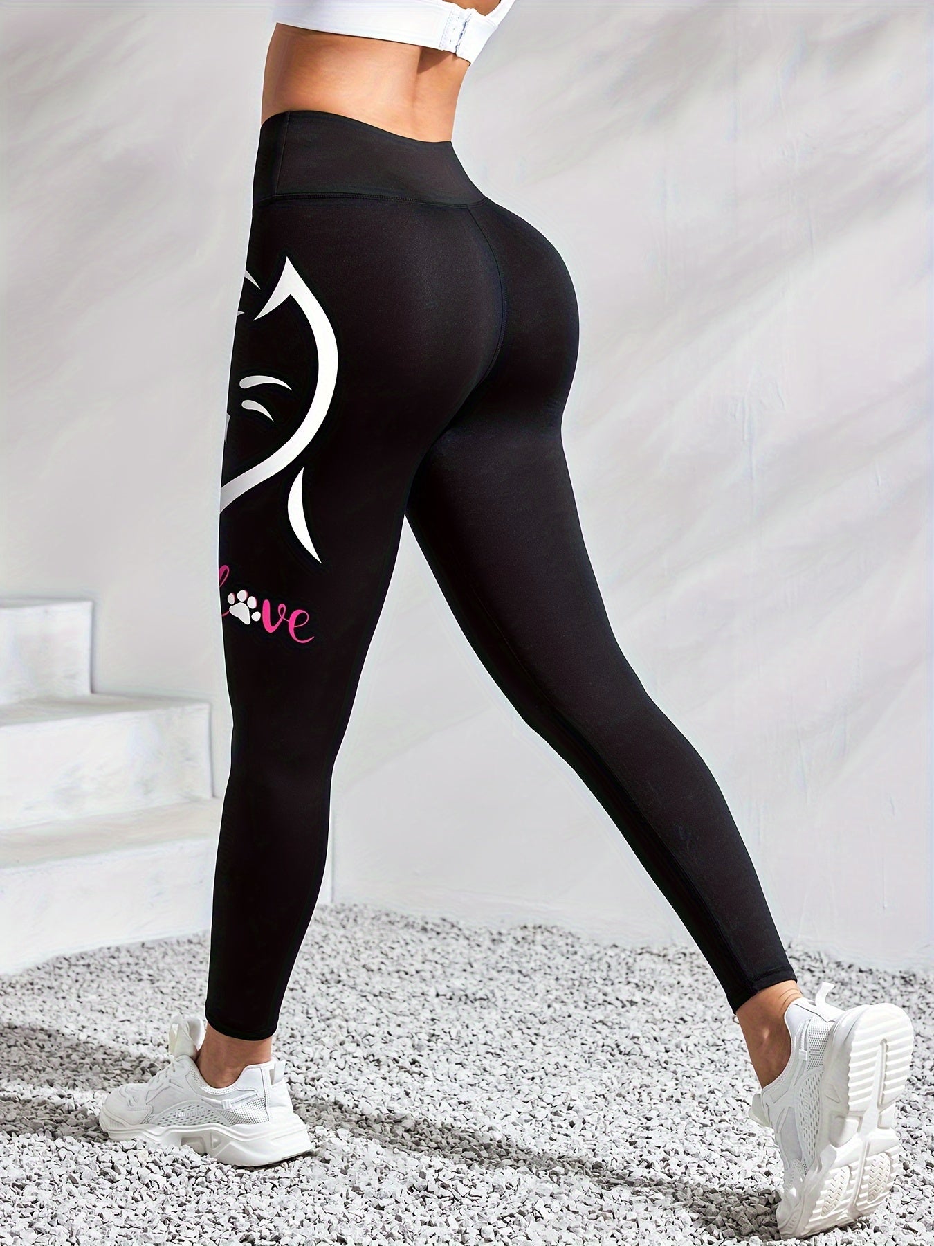 Women's Cute Cat Print Yoga Pants, Stretchy High-Waist Casual Leggings, Breathable