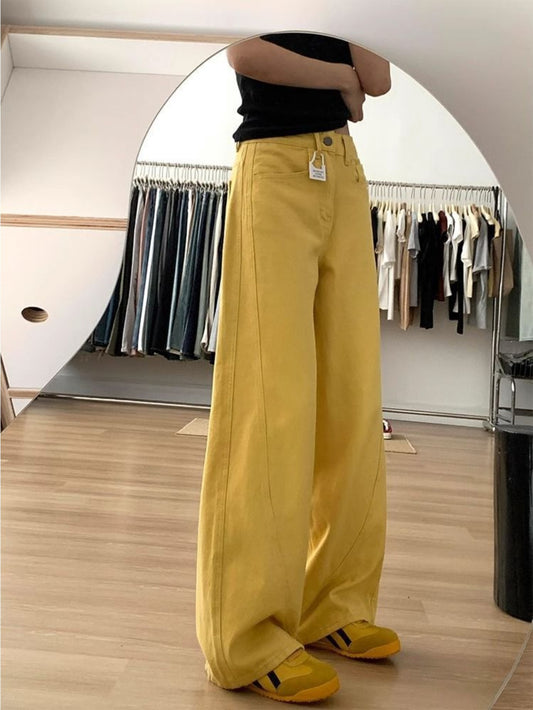 Yellow Hong Kong Style Lazy And Relaxed Jeans, Women'S Early Autumn, High-Waisted, Thin, Draped, Wide-Legged Long Pants Konno Toki