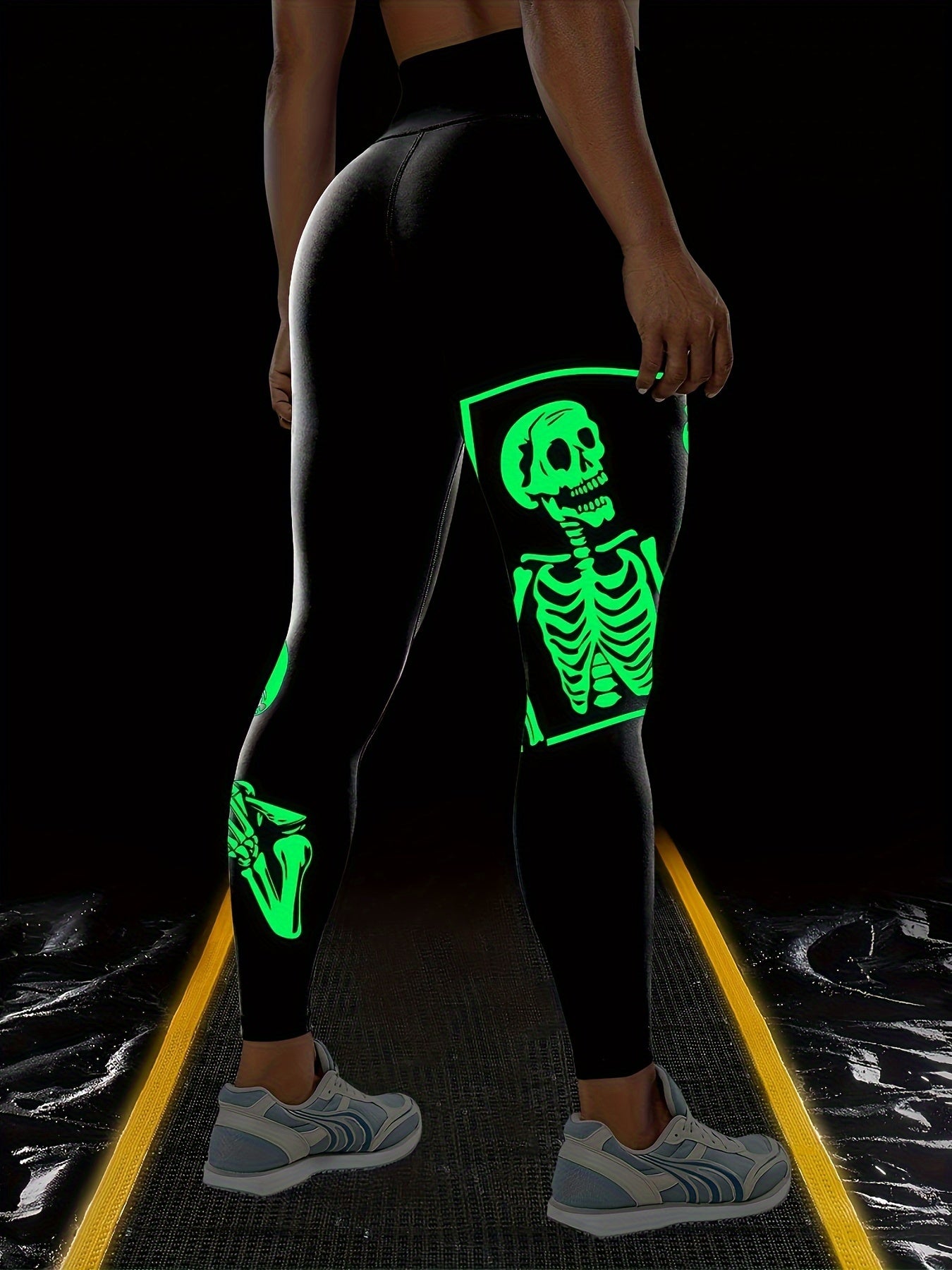 Women's Glow in the Dark High Waist Tummy Control Halloween Skeleton Printed Leggings