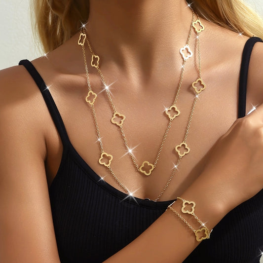 2pcs Double Layer Hollow Four-Leaf Clover Necklace & Bracelet Set