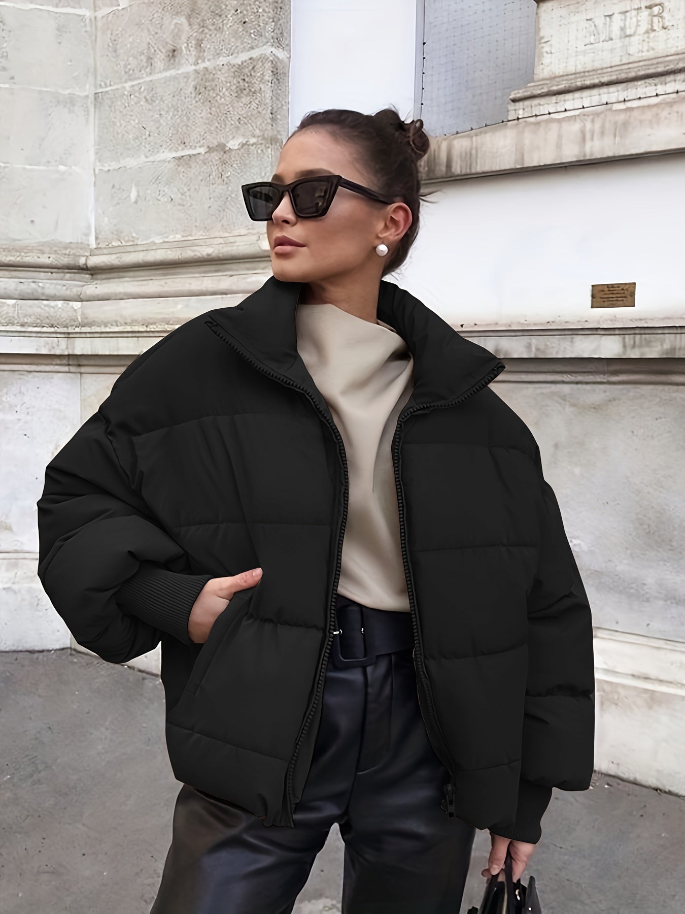 Solid Color Stand Collar Stylish Puffer Coat, Casual Thermal Zip Up Long Sleeve Outerwear With Pocket For Winter, Women's Clothing