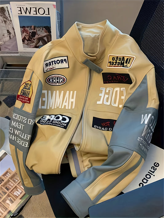 Embroidered PU Baseball Jacket For Men And Women Autumn High Street Vintage Handsome Racing Suit Jacket Konno Toki