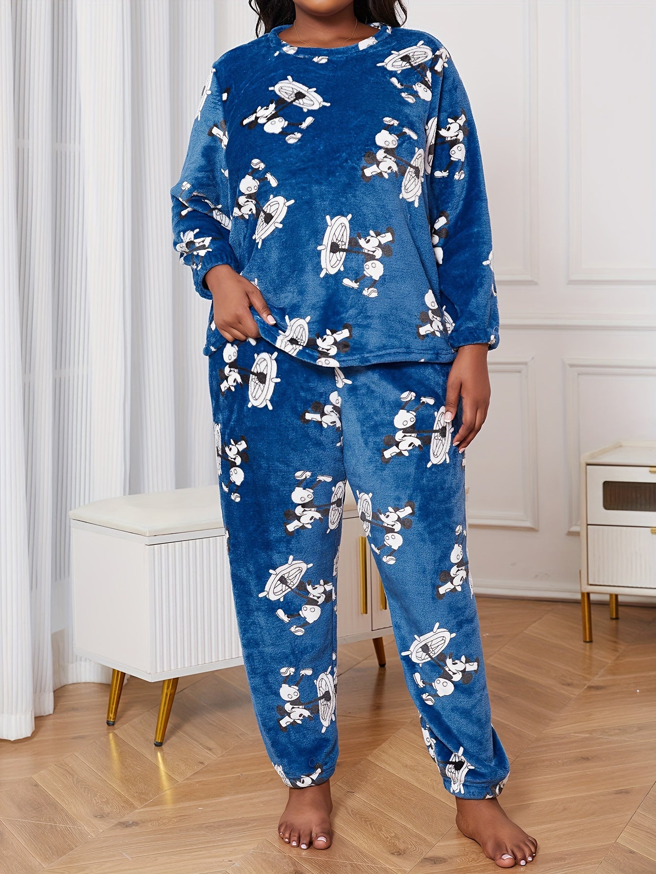 Women's Casual Comfy Pajama Set, Plus Size Solid Jacquard Long Sleeve Warm Flannel Top & Pants Home Wear 2 Piece Set For Fall & Winter