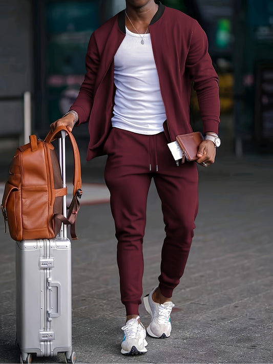 2pcs Business Casual Men's Solid Collar Jacket & Slim Fit Joggers Set, 2-Piece Outfit