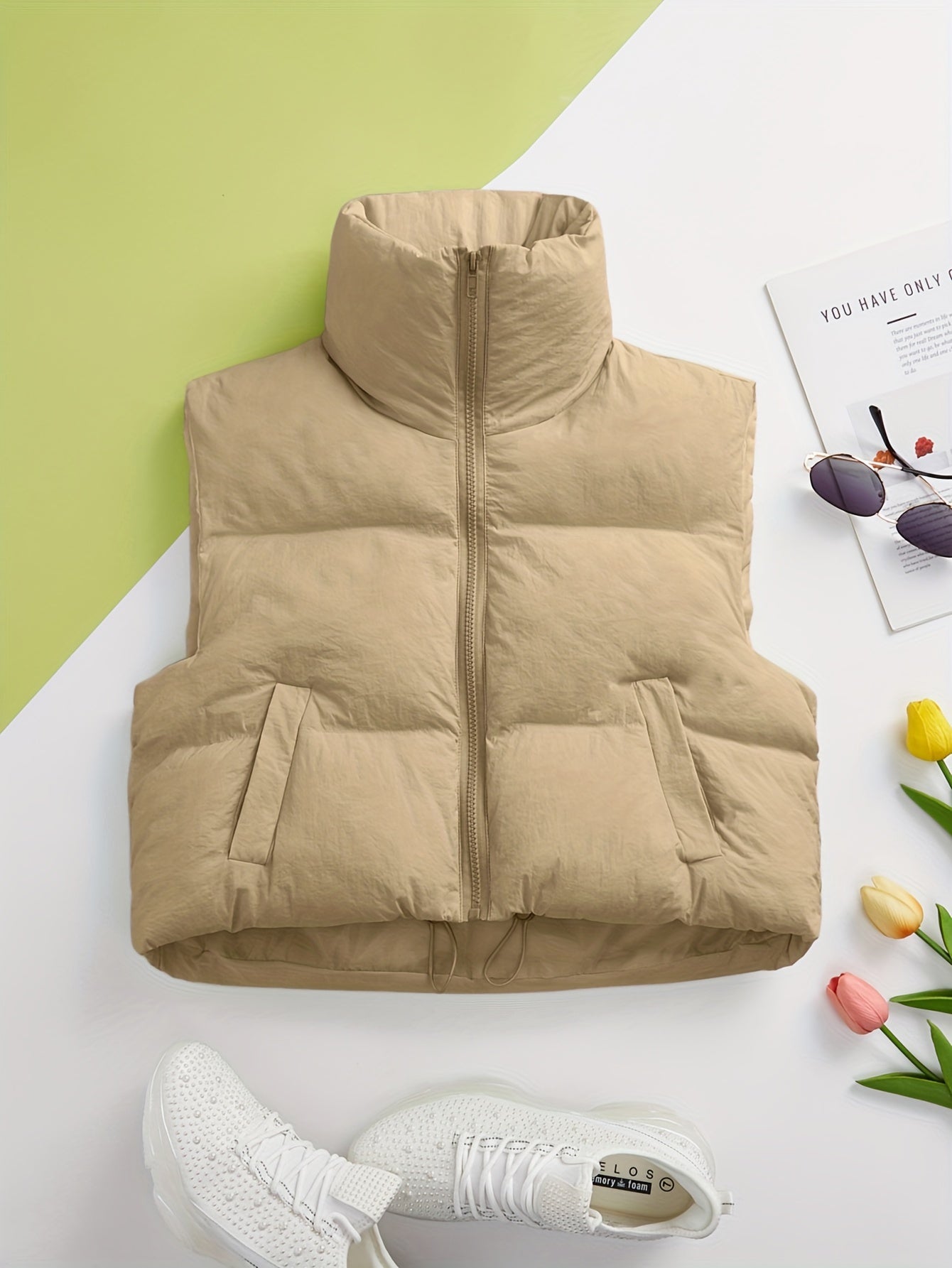 Solid Color Zip-up Sleeveless Puffer Jacket Coat, Casual Long Sleeve Warm Outerwear For Winter, Women's Clothing