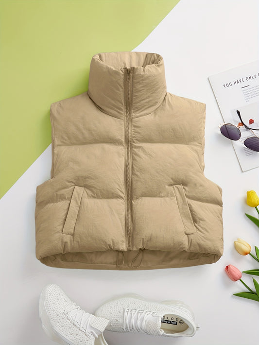 Solid Color Zip-up Sleeveless Puffer Jacket Coat, Casual Long Sleeve Warm Outerwear For Winter, Women's Clothing