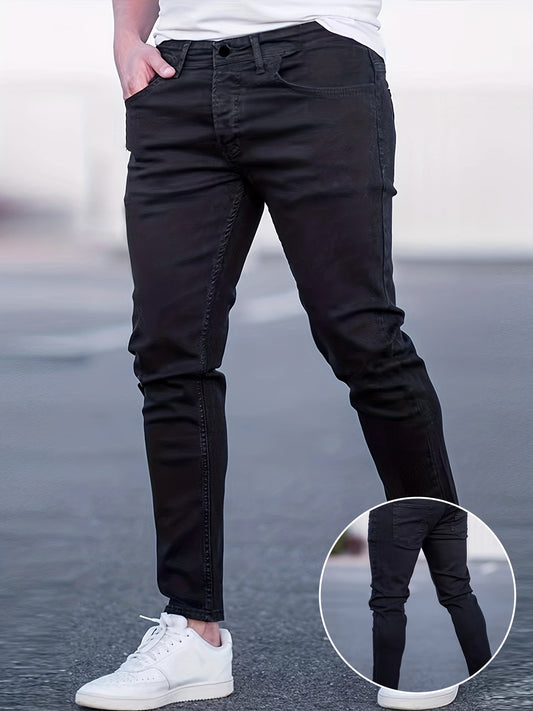 Slim Fit Cotton Jeans, Men's Casual Street Style Solid Color Mid Stretch Denim Pants For Spring Summer