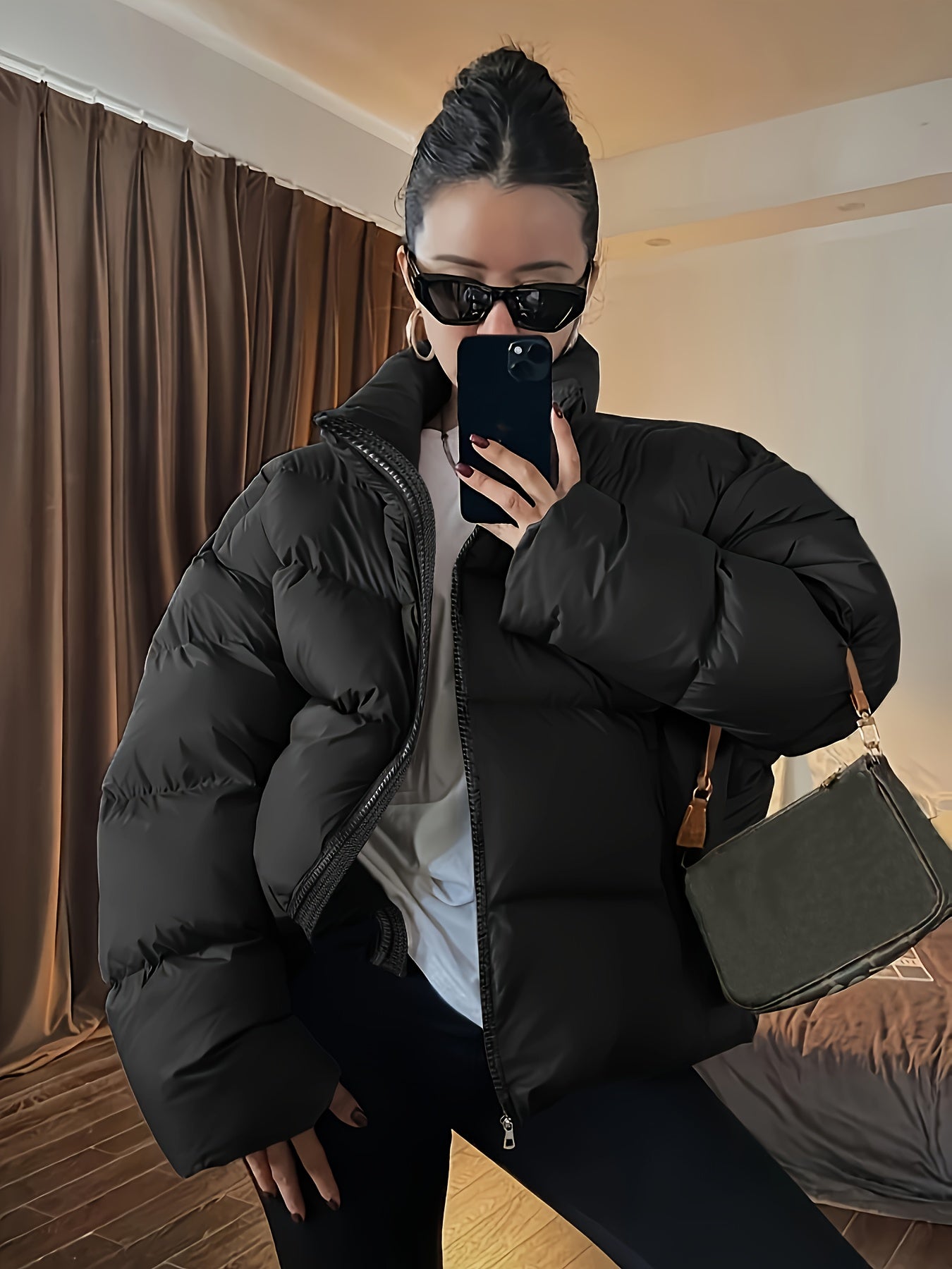 Women's Outer Solid Color Padded Puffer Jacket With Stand Collar, Comfortable, Fashionable, Elegant, Suitable For Autumn And Winter Wear