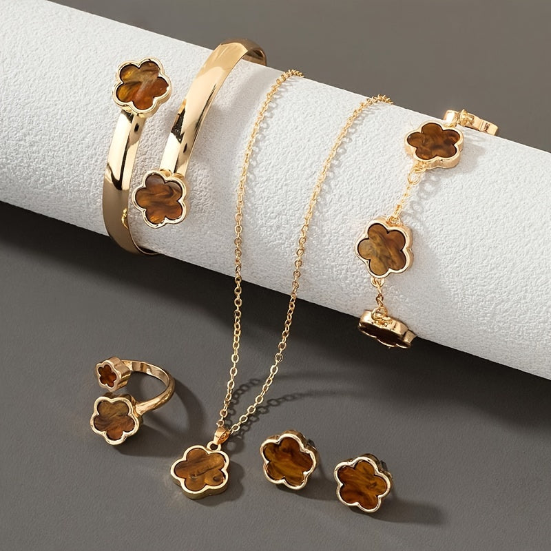 Trendy 5 Pc Clover Flower Set - Earrings, Necklace, Bracelet, Bangle and Ring