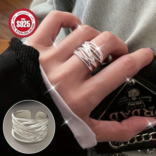 925 Sterling Silver Matte Wide Band Cuff Ring with Gift Box - Adjustable, Simple Luxury