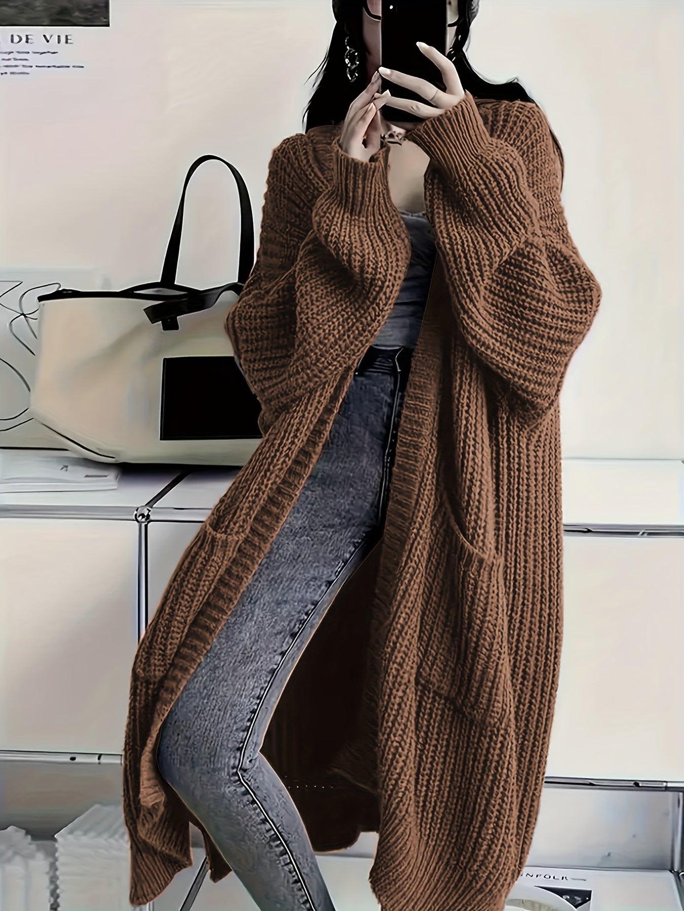 Oversize Open Front Knit Cardigan, Long Sleeve, Casual Loose Fit, Pockets, Women's Sweater Coat