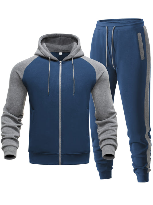 2pcs Men's Color Blocking Hooded Long Sleeve Jacket + Pants Slim Fitness Set, Quick-drying Fleece Surface Training Sports Suit