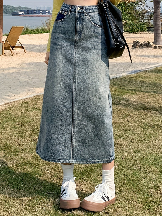 Women's High-Waisted A-Line Midi Denim Skirt, Retro Style, Plain Washed Blue Denim Skirt