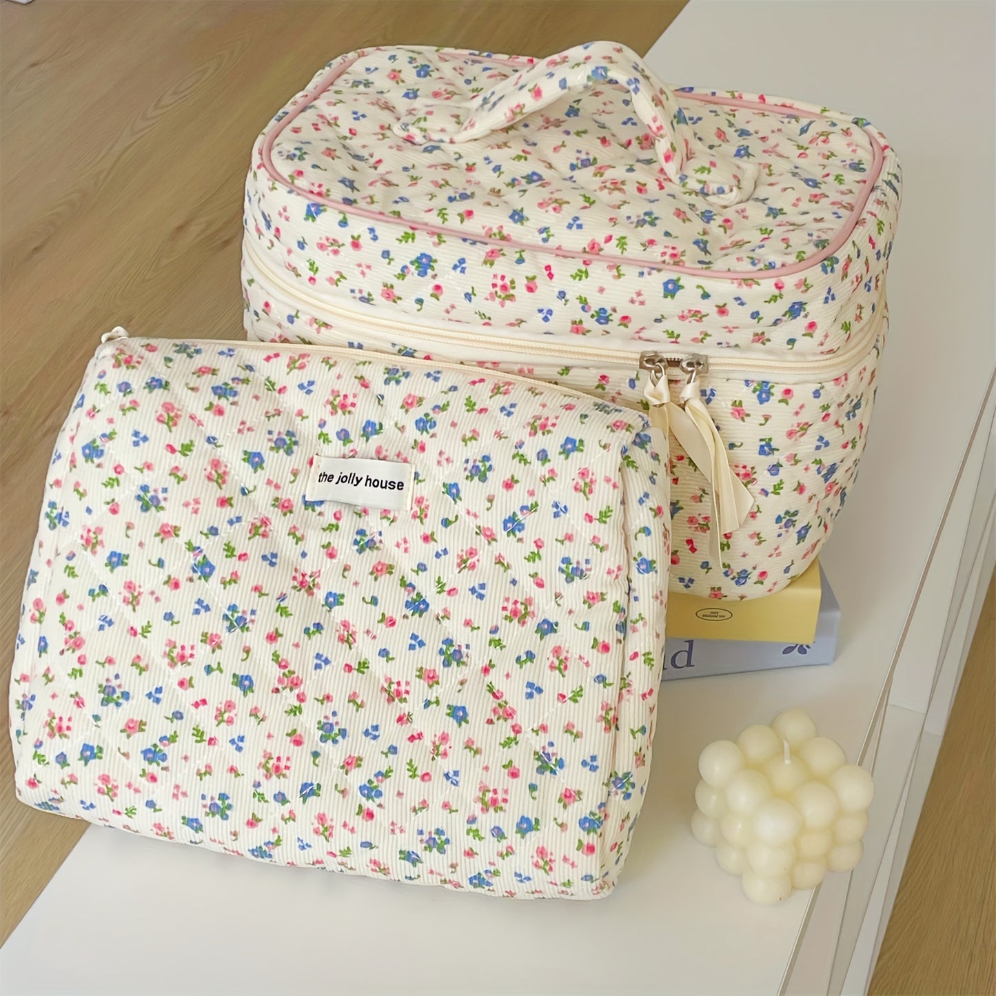 The Jolly House 3-Piece Floral Cosmetic Bag Set for Women - Polyester, Non-Waterproof, Unscented, Large Capacity Travel Makeup Organizer Pouches