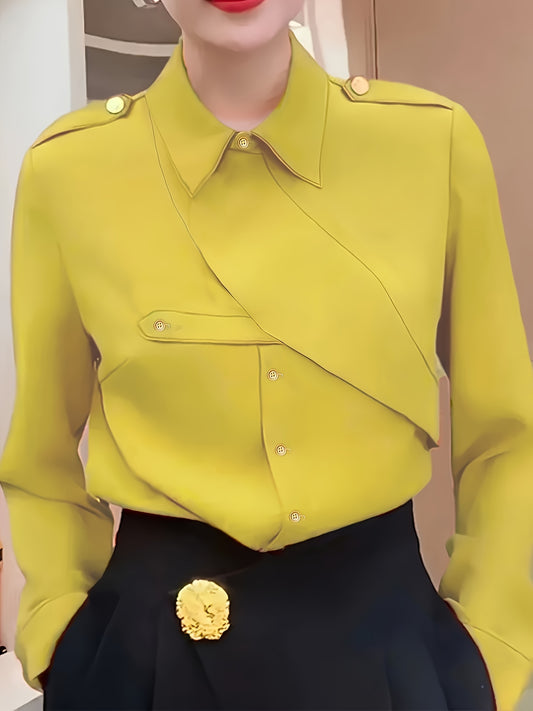 Solid Color Button Up Asymmetric Shirt, Stylish Long Sleeve Collared Shirt For Spring & Fall, Women's Clothing