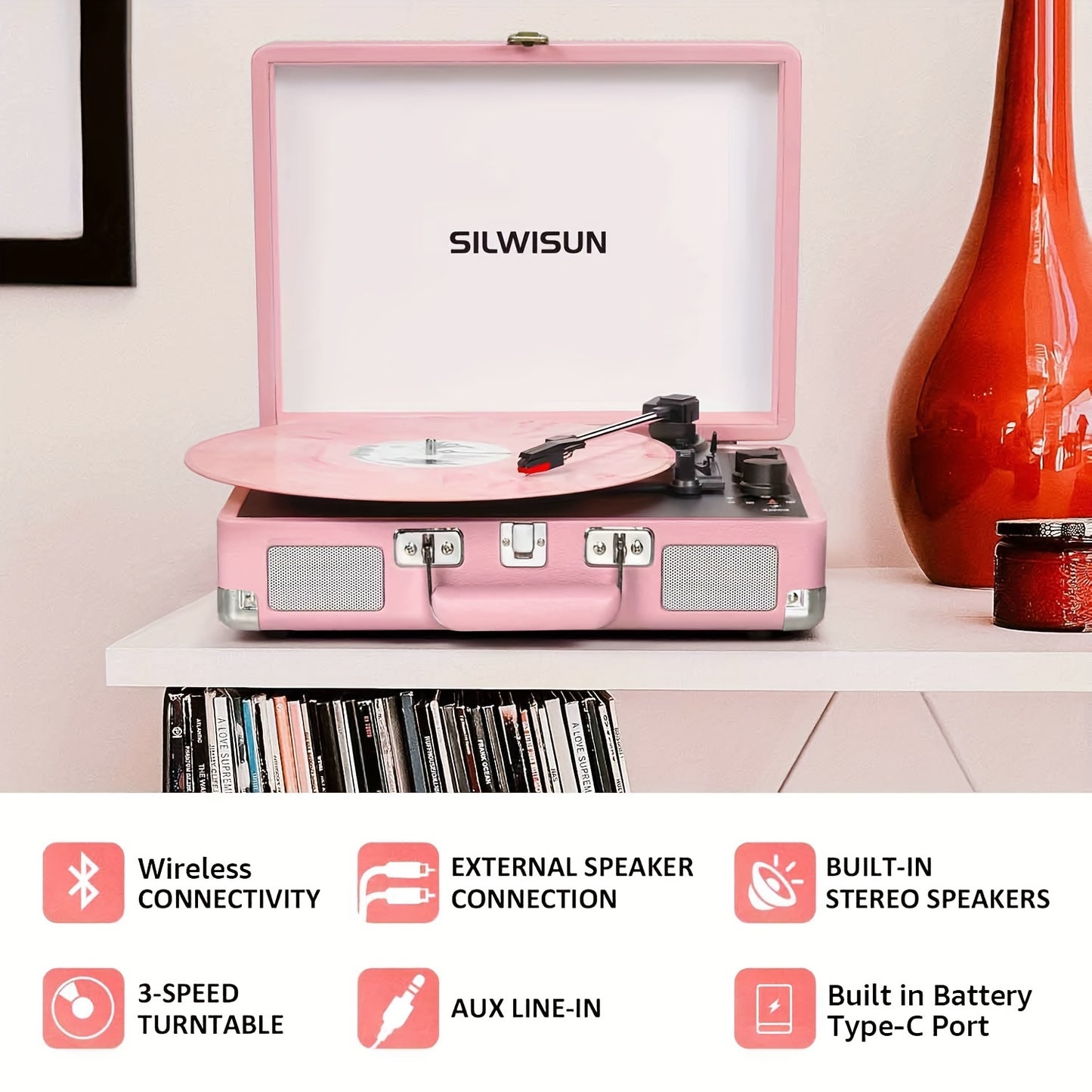 Vinyl Record Player 3 Speed Turntable With BT, Built In Battery, Portable Suitcase, Built In Speakers, 3.5mm Headphone Jack Aux In/RCA Out Pink, Retro Music