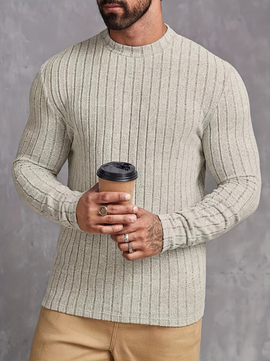 Solid Stripe Pattern Knit Crew Neck Long Sleeve T-shirt, Stretchable And Breathable Sports Tops For Men's Outdoors And Sports Wear