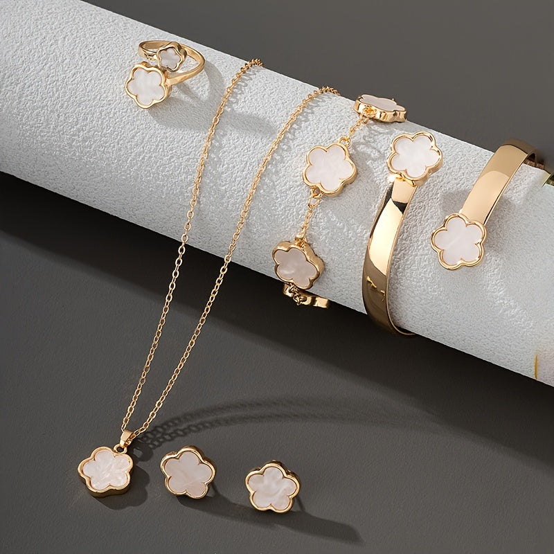 Trendy 5 Pc Clover Flower Set - Earrings, Necklace, Bracelet, Bangle and Ring