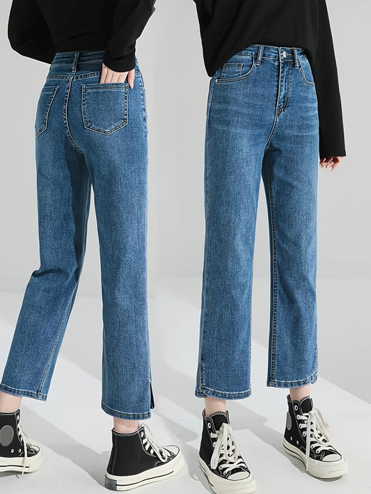Women's High Waisted Straight Leg Jeans - Slight Stretch Denim with Split Hem Detail, Solid Color, Cropped Length, Comfort Cotton Blend Fabric (75.8% Cotton, 23.6% Polyester, 0.6% Elastane), All-Season Basics
