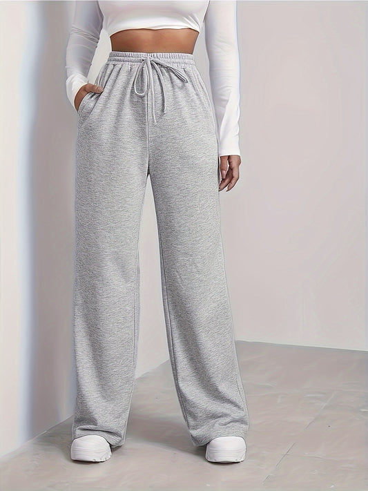 Solid Color High Waist Sport Pants, Casual Drawstring Knitted Loose Pants For Every Day, Women's Clothing