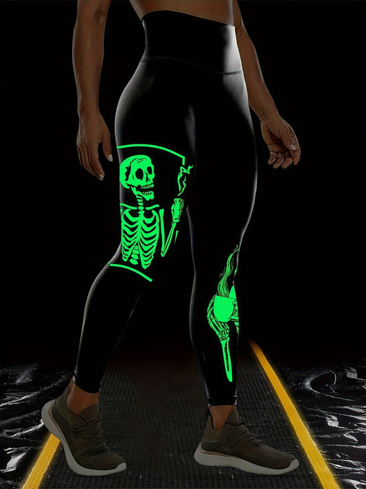 Women's Glow in the Dark High Waist Tummy Control Halloween Skeleton Printed Leggings