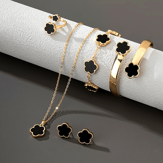 Trendy 5 Pc Clover Flower Set - Earrings, Necklace, Bracelet, Bangle and Ring
