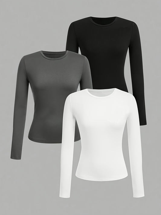 Women's Crew Neck Long Sleeve T-Shirt Set - 3 Pack Solid Color Polyester Knit Tops with Stretch (95% Polyester, 5% Elastane), Shapely Casual Style, Regular Length, for Fall/Winter - Young Fashion Essentials