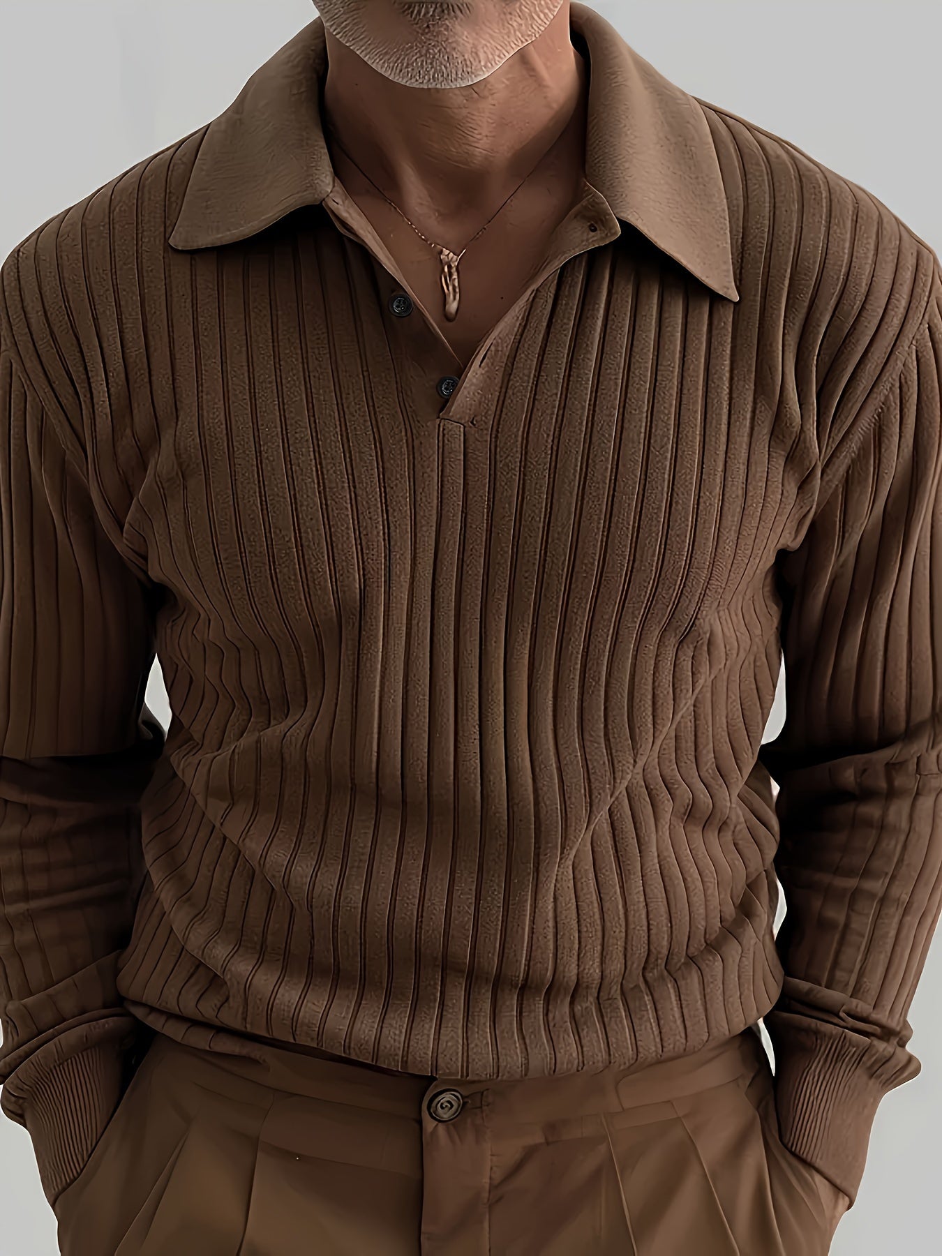 European And American Fashion Men's Simple Caramel Color Long-sleeved Button-down Polo Shirt Konno Toki