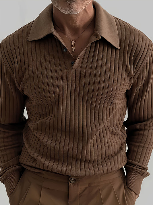 European And American Fashion Men's Simple Caramel Color Long-sleeved Button-down Polo Shirt Konno Toki