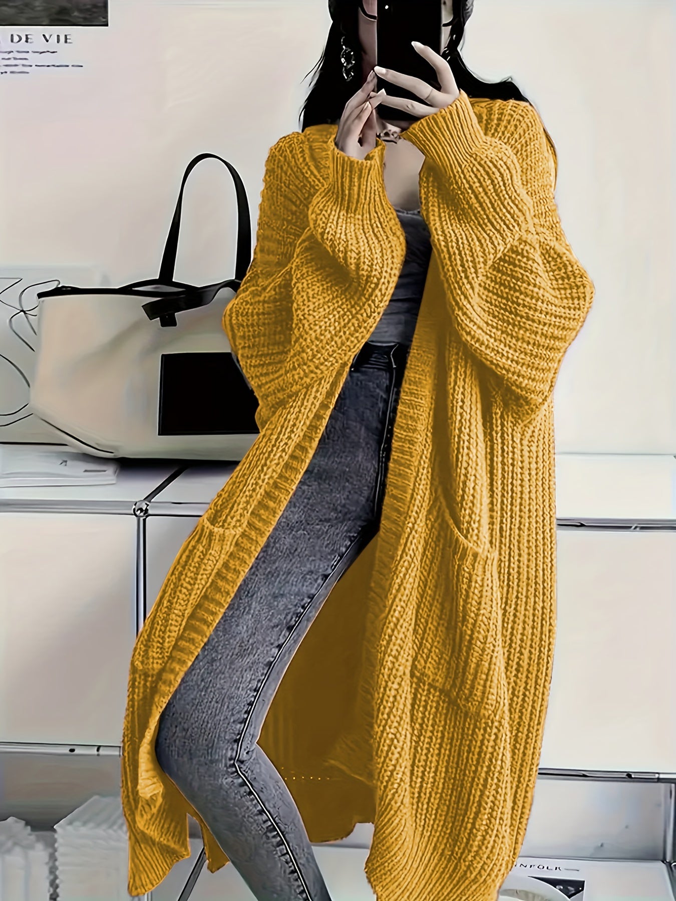 Oversize Open Front Knit Cardigan, Long Sleeve, Casual Loose Fit, Pockets, Women's Sweater Coat