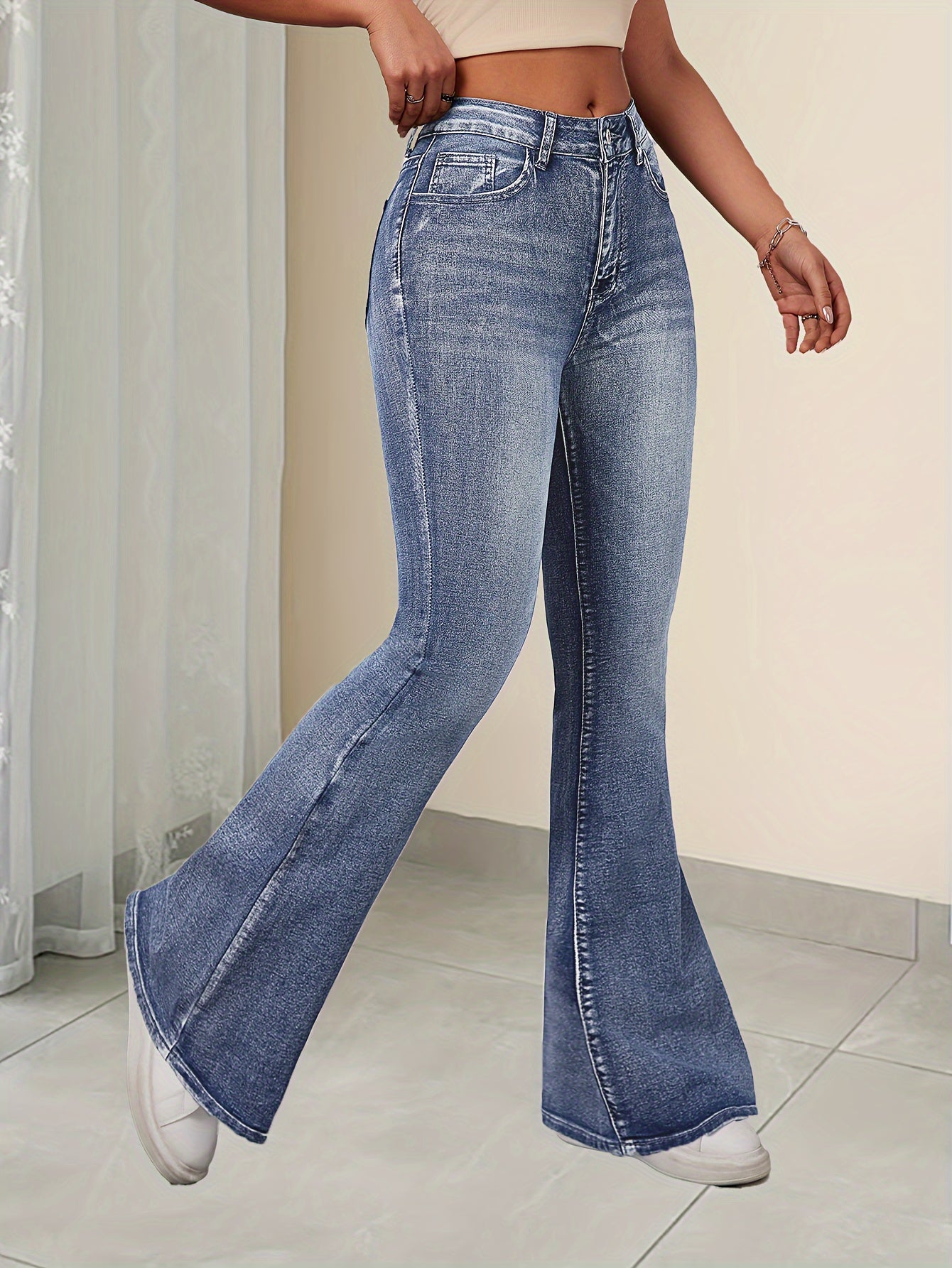 Vintage Chic High-Waist Flare Jeans for Women - Soft Stretch Denim, Classic Button Detail, Non-See-Through Fabric, All-Season Wear, Comfortable Fit, and Timeless Style
