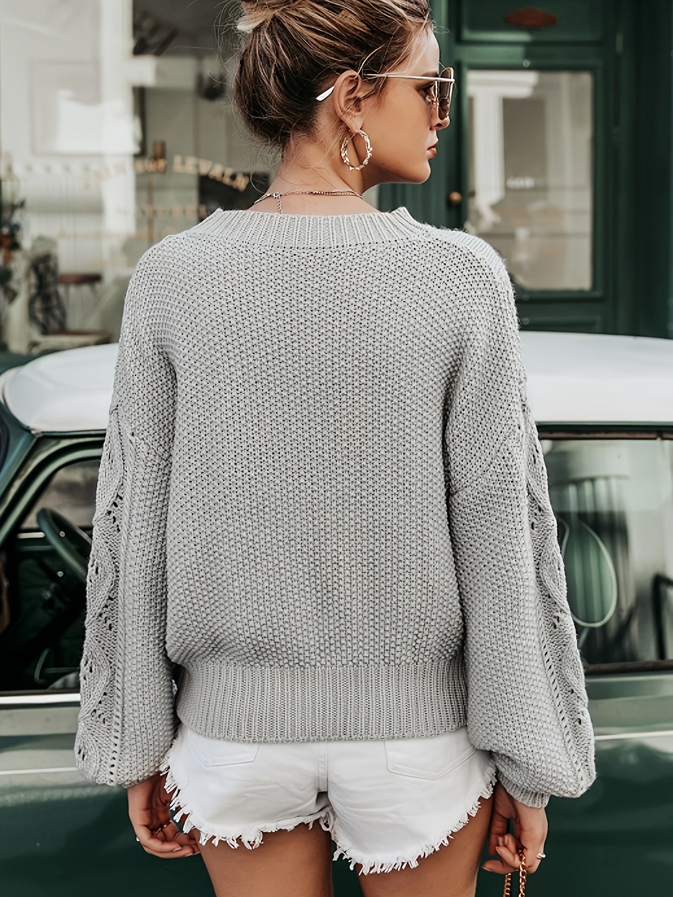 Solid Hollow Out Pullover Sweater, Elegant Long Sleeve Loose Sweater For Spring & Fall, Women's Clothing