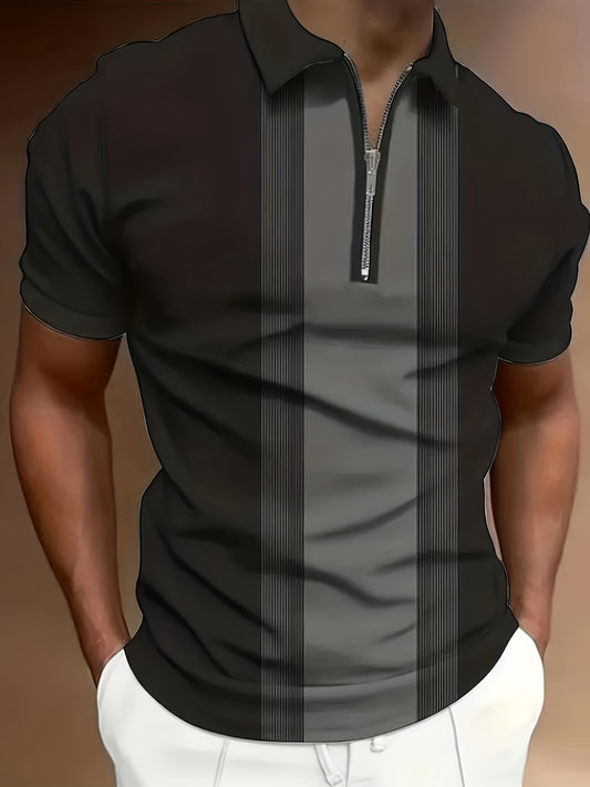 Europe And The United States Fashion Stripe Trend Men's Clothing, Short-sleeved Casual Men's T-shirt, Suitable For Outdoor Metal Zipper Sportswear, Men's Golf Shirt Four Seasons Men's Polo Shirt Konno Toki