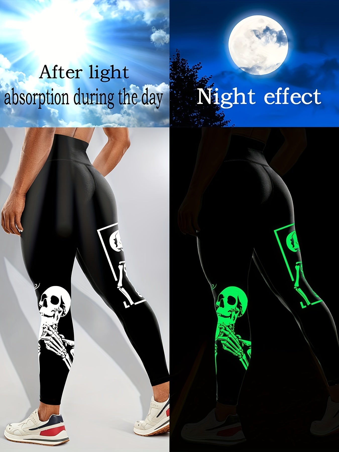 Women's Glow in the Dark High Waist Tummy Control Halloween Skeleton Printed Leggings