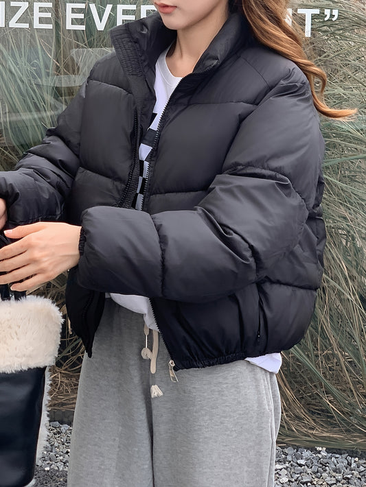 Solid Color Zip-up Soft Puffer Jacket Coat, Casual Long Sleeve Warm Outerwear For Winter, Women's Clothing Great Gift Idea