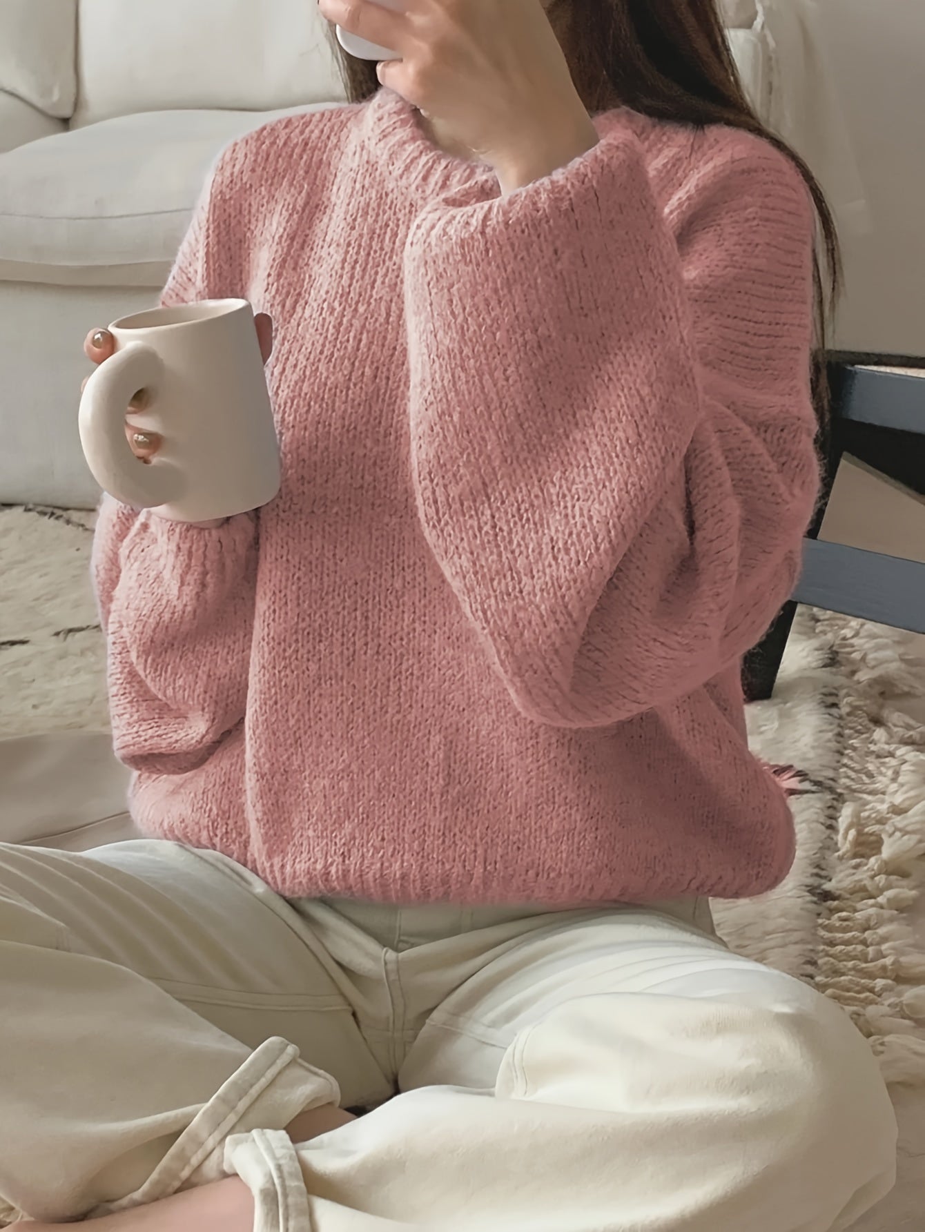Solid Color Crew Neck Knitted Sweater, Casual Long Sleeve Drop Shoulder Pullover Sweater For Fall & Winter, Women's Clothing