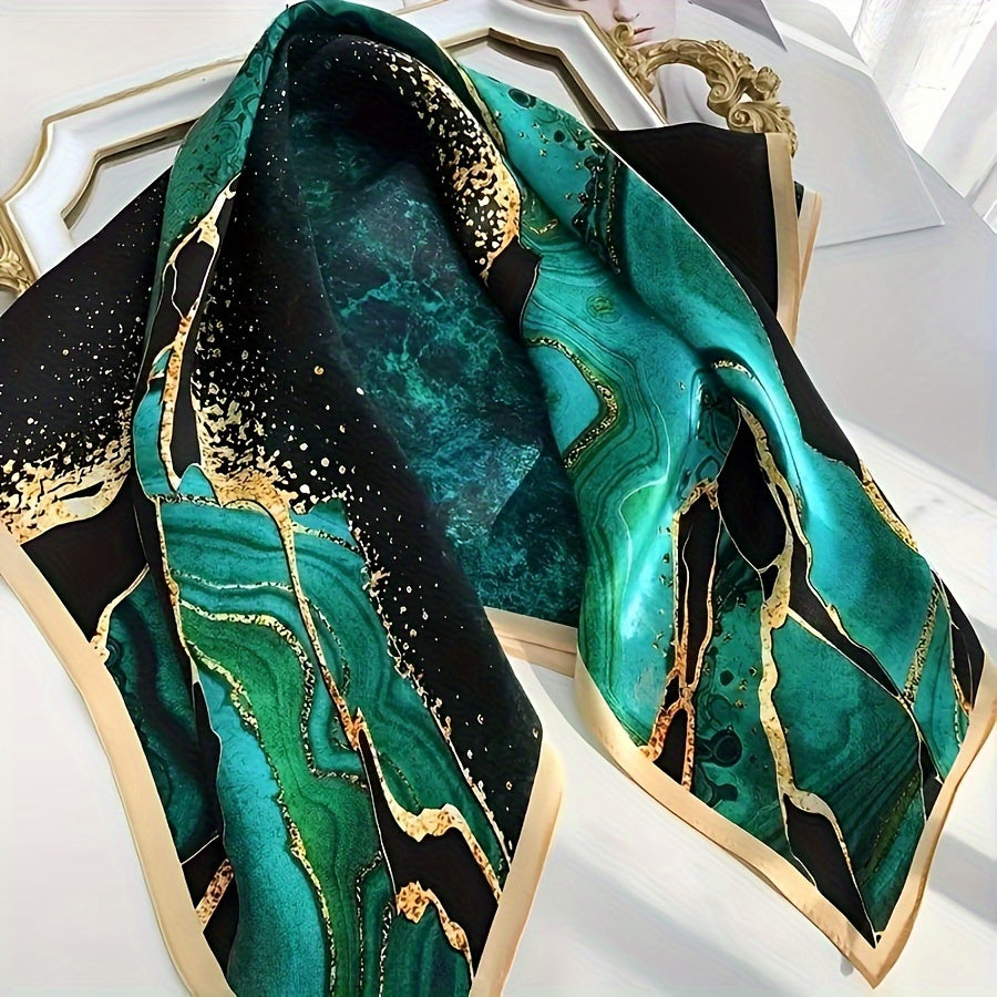 27.5" Fashionable Green Print Square Scarf Simulated Silk Thin Breathable Neck Scarf Simple Style Sunscreen Headscarf For Women